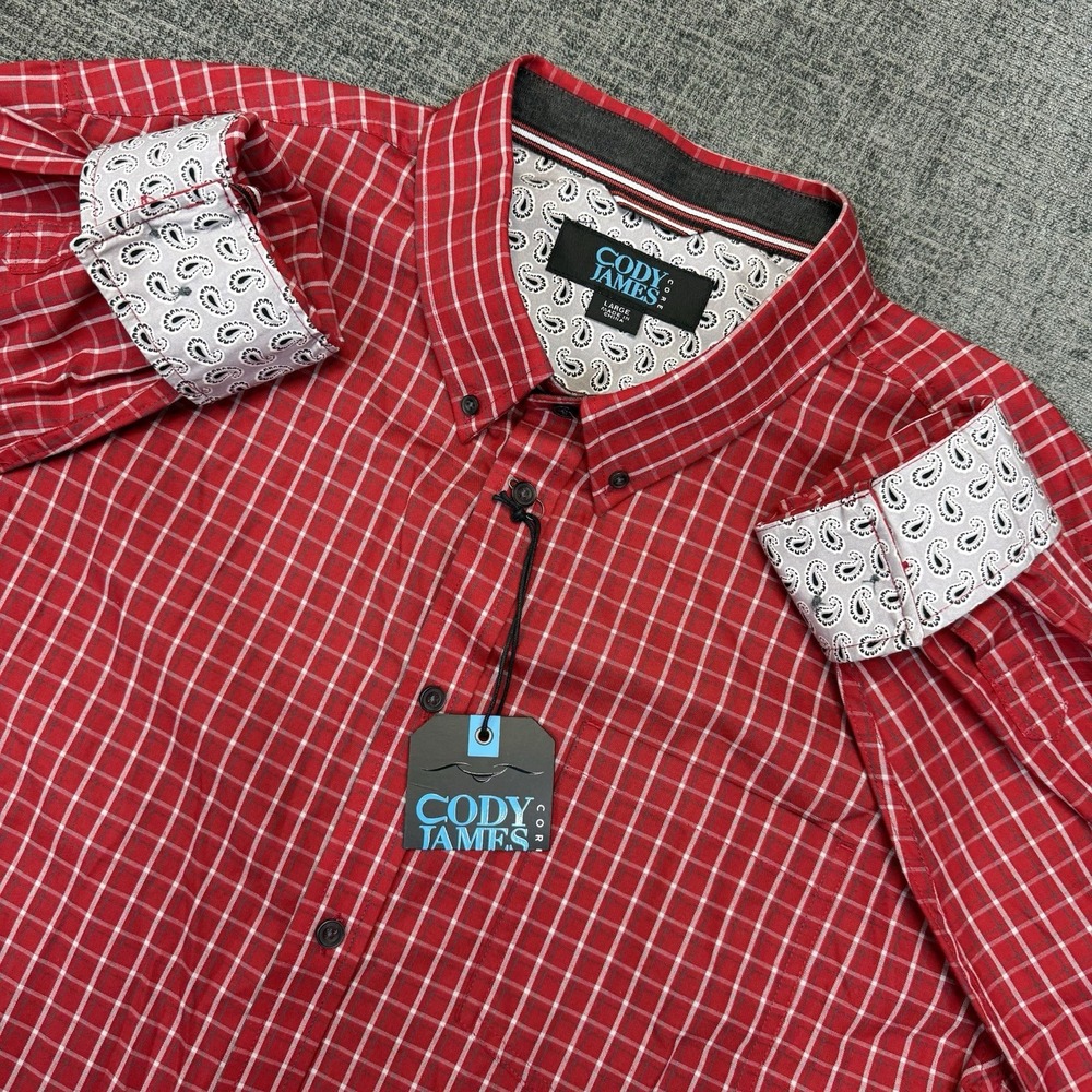 Cody James‎ Shirt Mens L Red Check Paisley Long Sleeve Button Western Flip Cuff